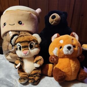 Assorted Plush Toy Bundle - Tiger, Red Panda, Bear & Drink Plush